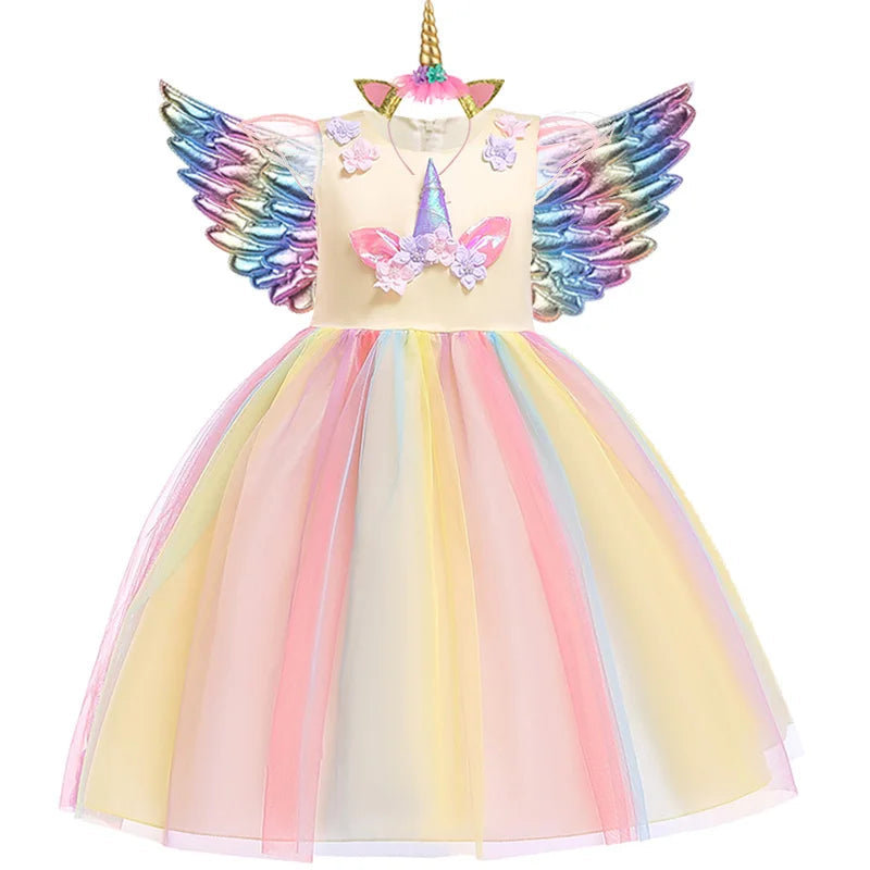 Girls Unicorn Tutu Dress Rainbow Princess Kids Party Dress Children Christmas Halloween Cosplay Costume With Headband Wings