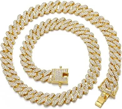 Round Shape Lab Grown Diamond 16inches Cuban Link Chain 18K Yellow Gold Diamond Necklace for Men Jewelry