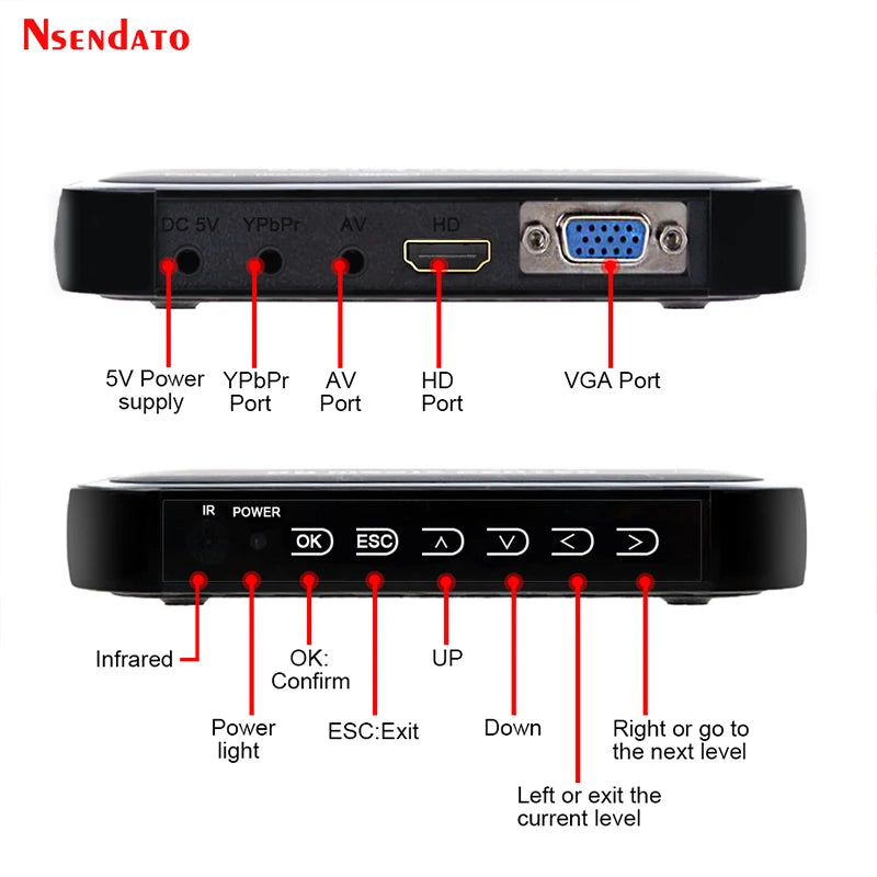 1080P Full HD media video player Center For HD VGA AV USB SD/MMC Port Remote Control YPbPr Cable for SD U-Disk USB hard disk
