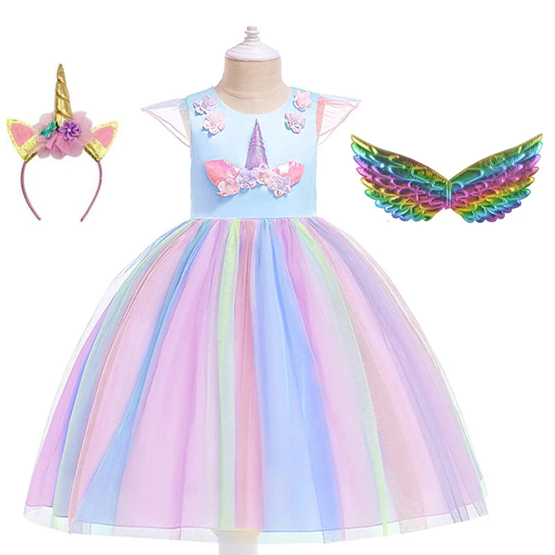Girls Unicorn Tutu Dress Rainbow Princess Kids Party Dress Children Christmas Halloween Cosplay Costume With Headband Wings
