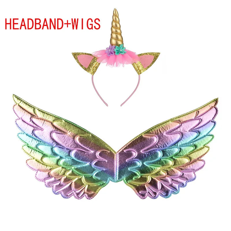 Girls Unicorn Tutu Dress Rainbow Princess Kids Party Dress Children Christmas Halloween Cosplay Costume With Headband Wings