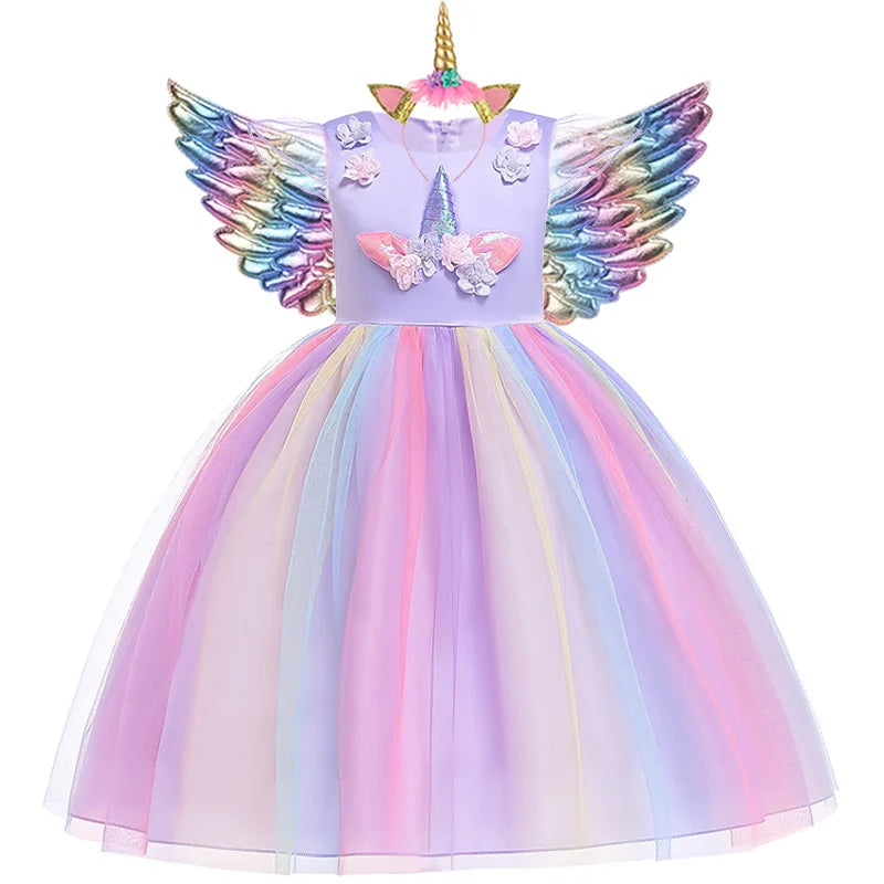 Girls Unicorn Tutu Dress Rainbow Princess Kids Party Dress Children Christmas Halloween Cosplay Costume With Headband Wings