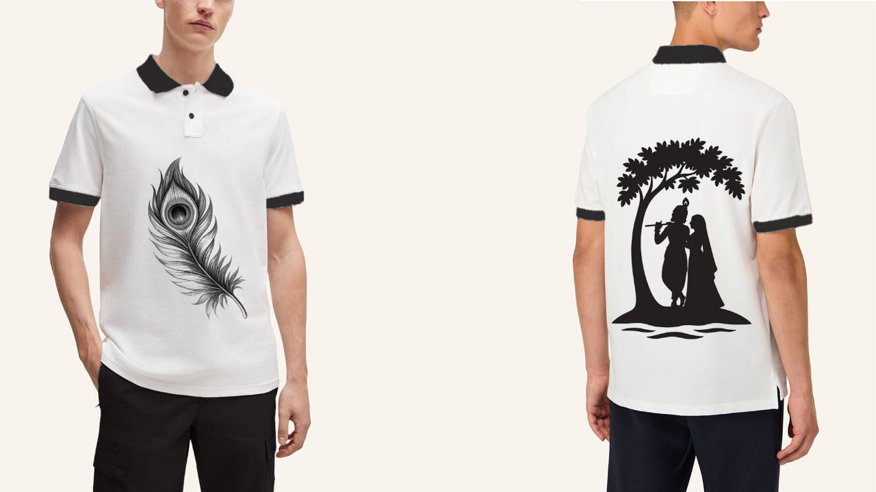 Men's Spiritual Graphic Polo - Radha Krishna & Peacock Design